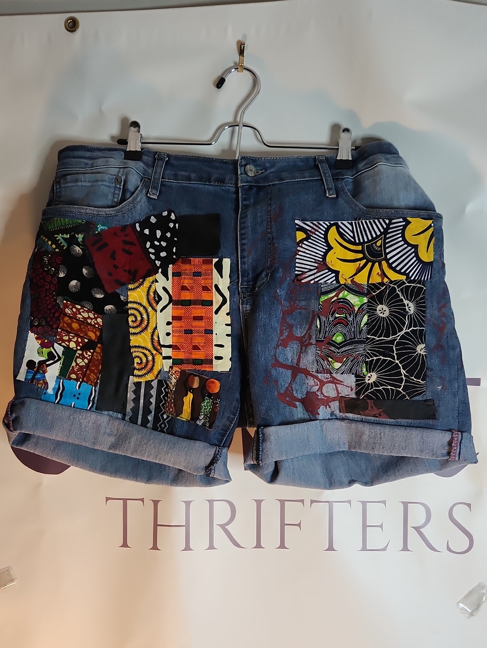 Patchwork Denim Shorts - Blue with Multicolor Accents
